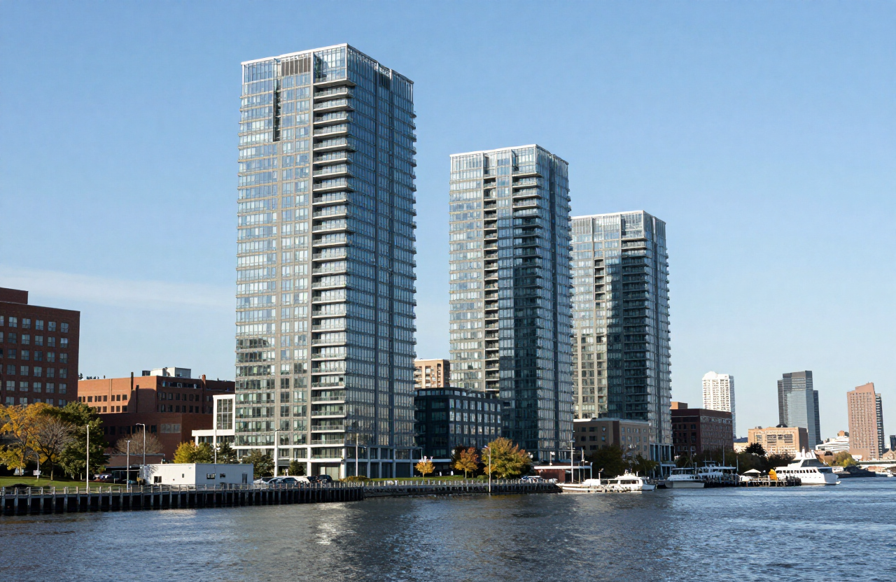 Lincoln Harbor waterfront condo building in Weehawken, NJ with NYC skyline views