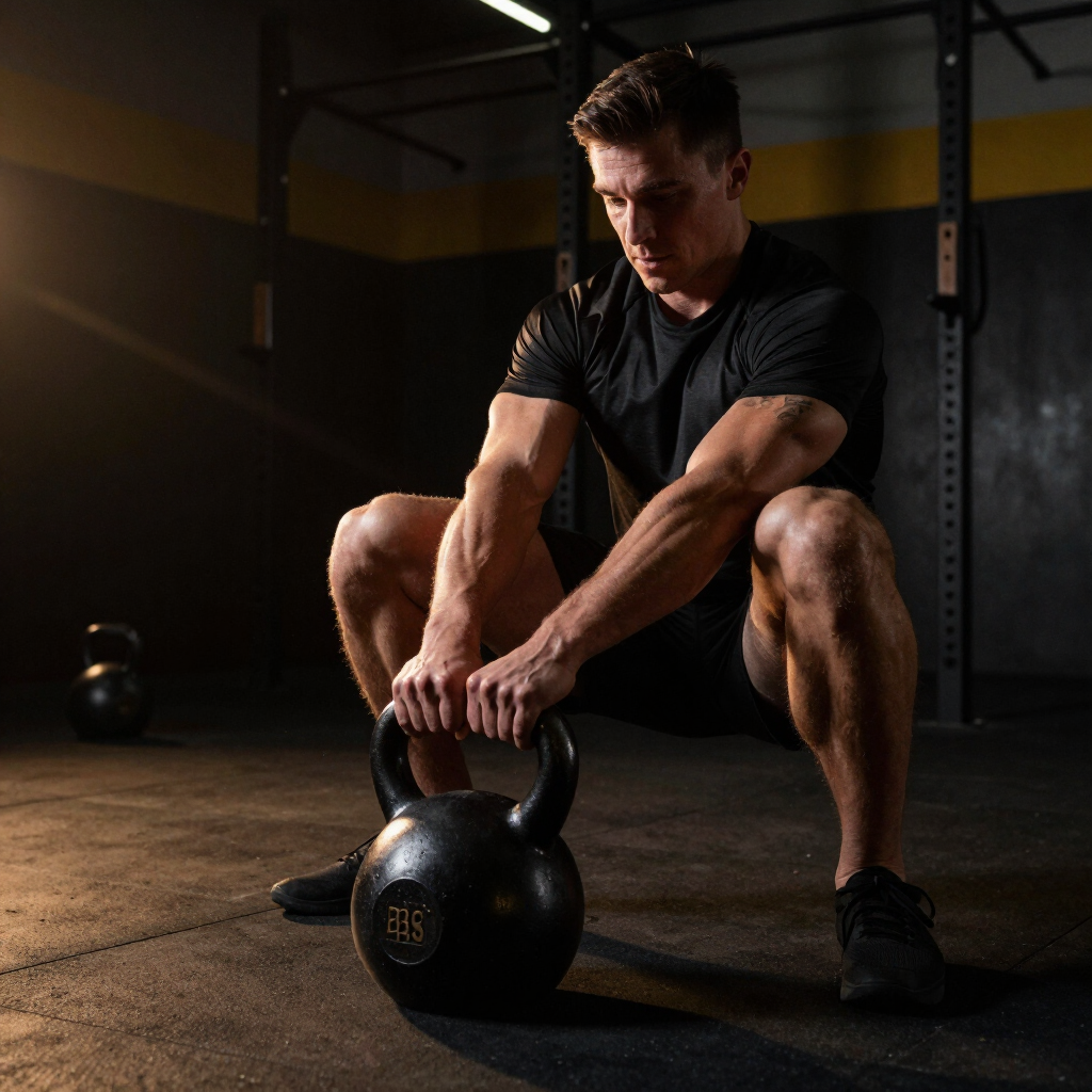 Athlete swinging a heavy kettlebell during core conditioning