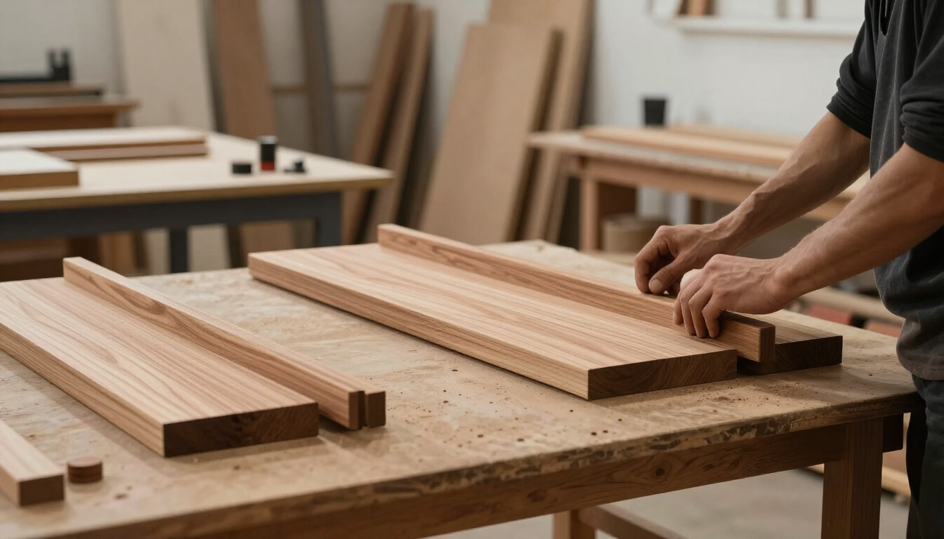 Hardwood furniture components in a woodworking workshop