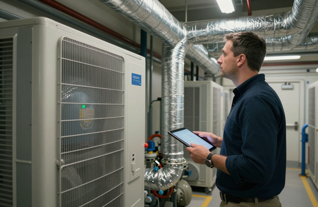 Energy consultant with a tablet inspecting a chiller and pump set in a plant room