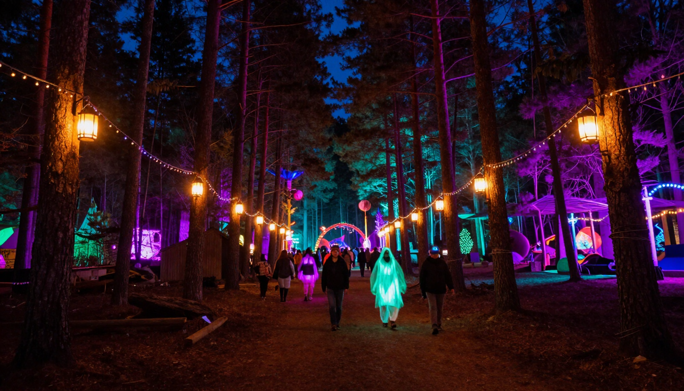 Illuminated forest paths at night during Electric Forest with colorful lights between trees and festival-goers walking through Sherwood Forest.