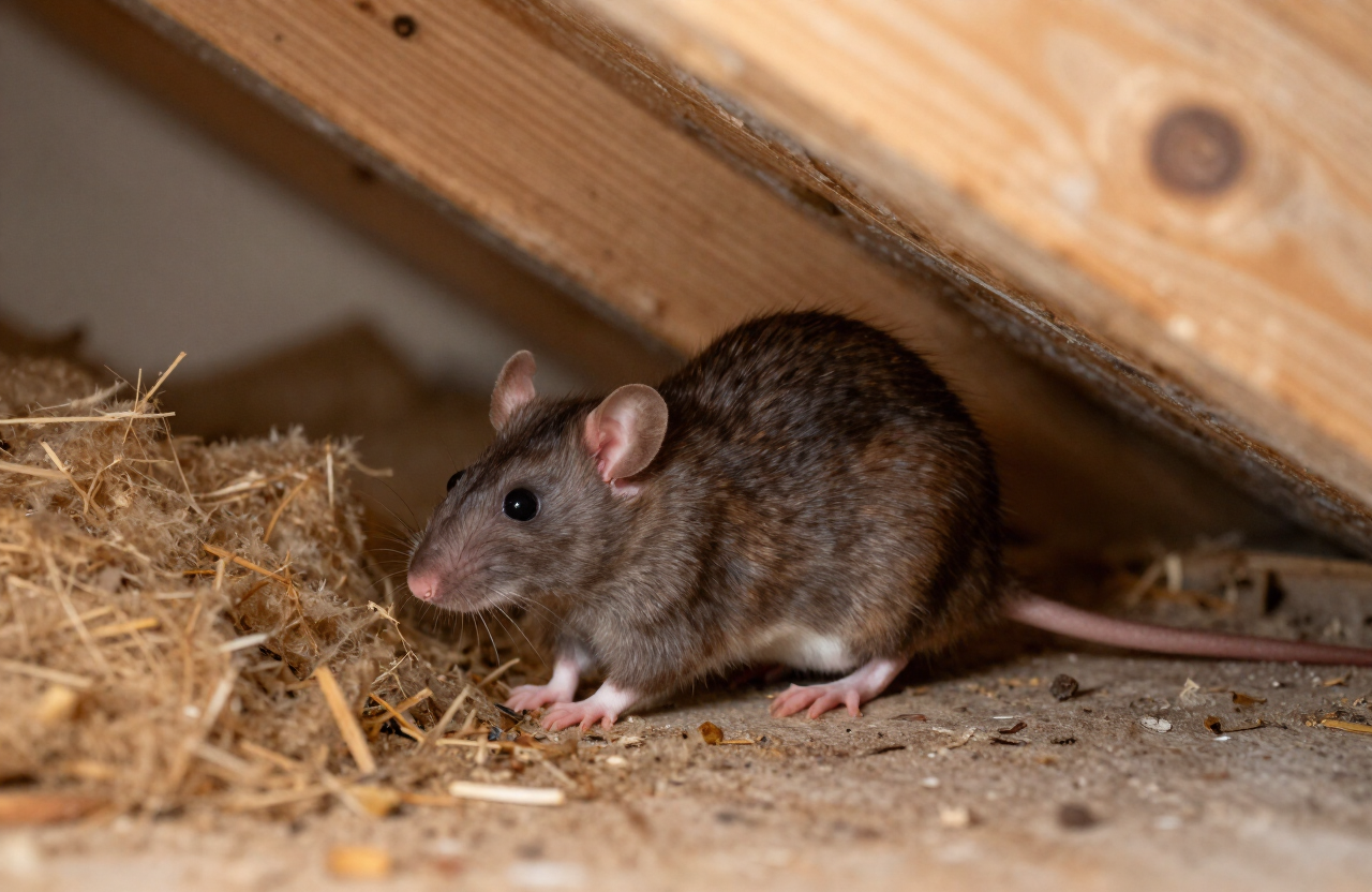 A realistic rat in an attic environment near insulation and wooden beams, representative of rodent activity in Houston homes