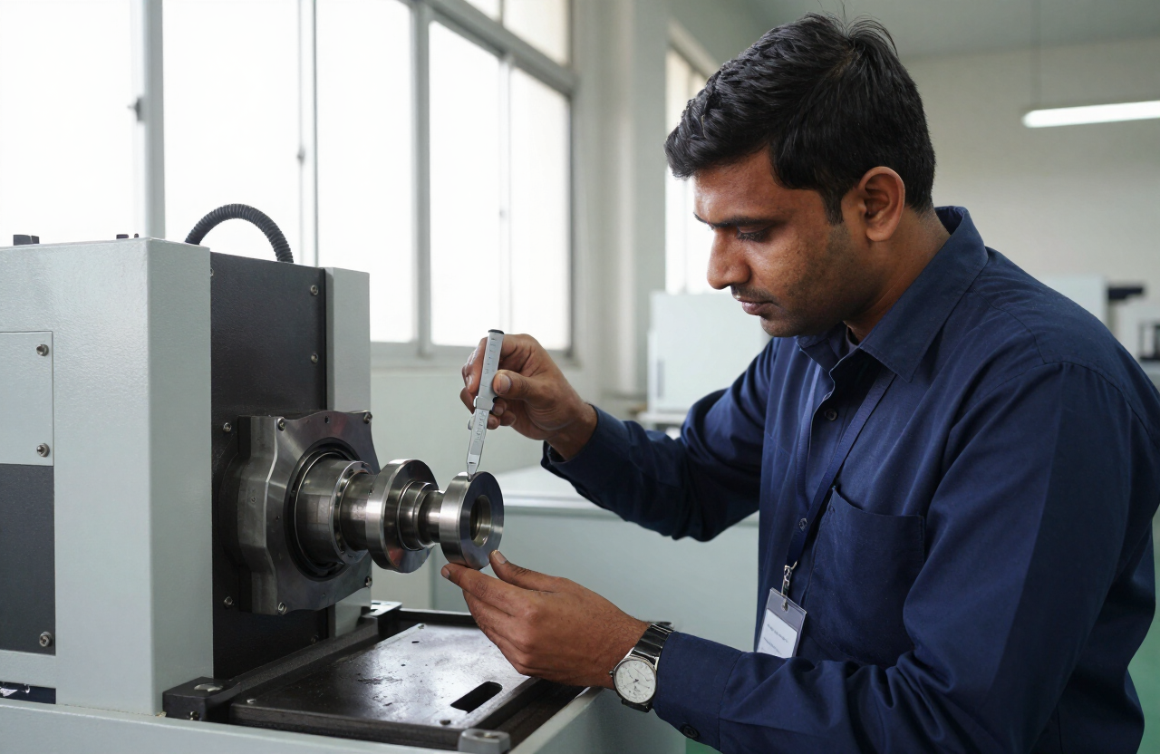 Application engineer inspecting a precision-machined component on the shop floor