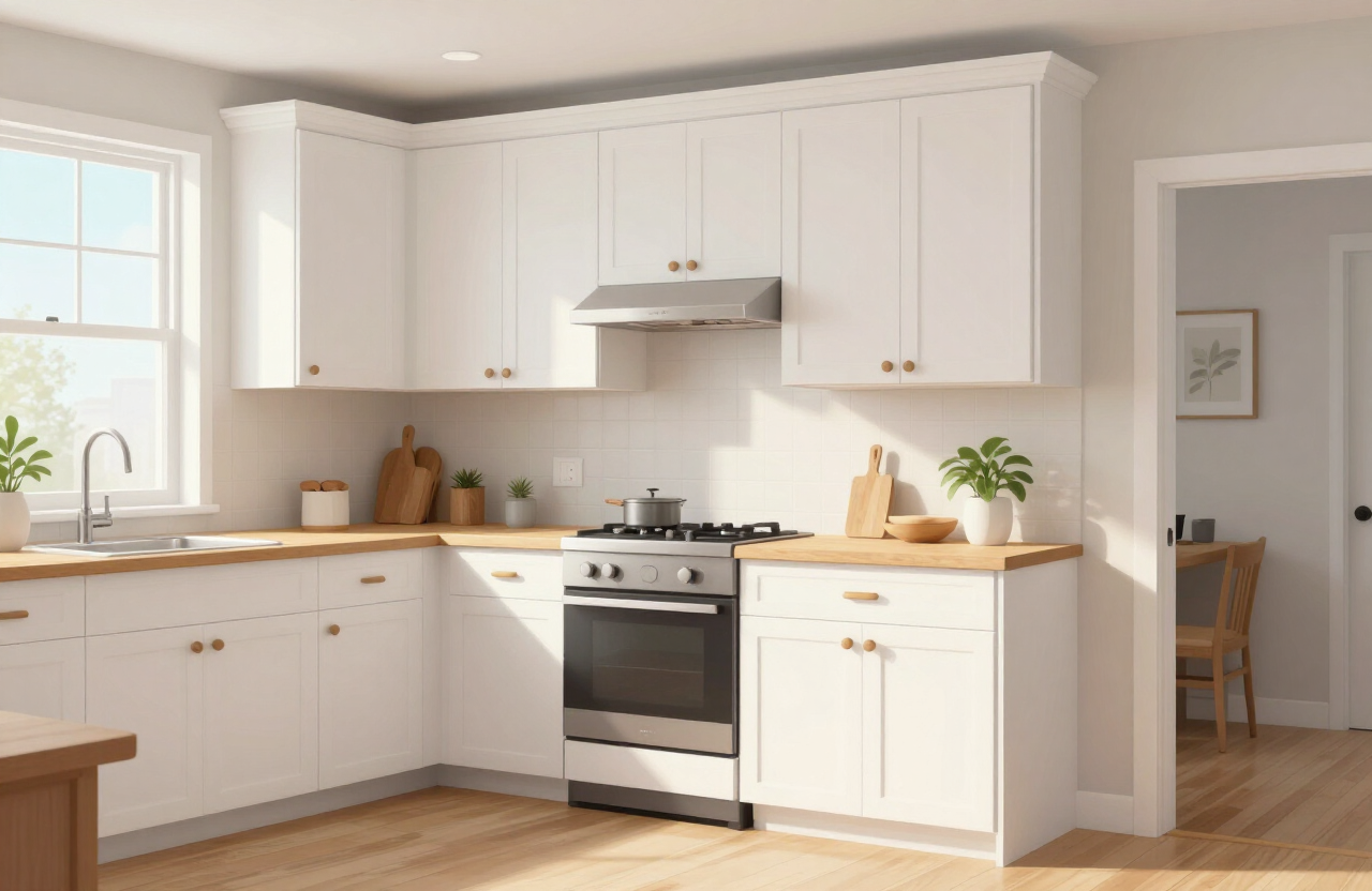 Illustrative freshly painted white shaker kitchen cabinets in a small Hoboken apartment kitchen