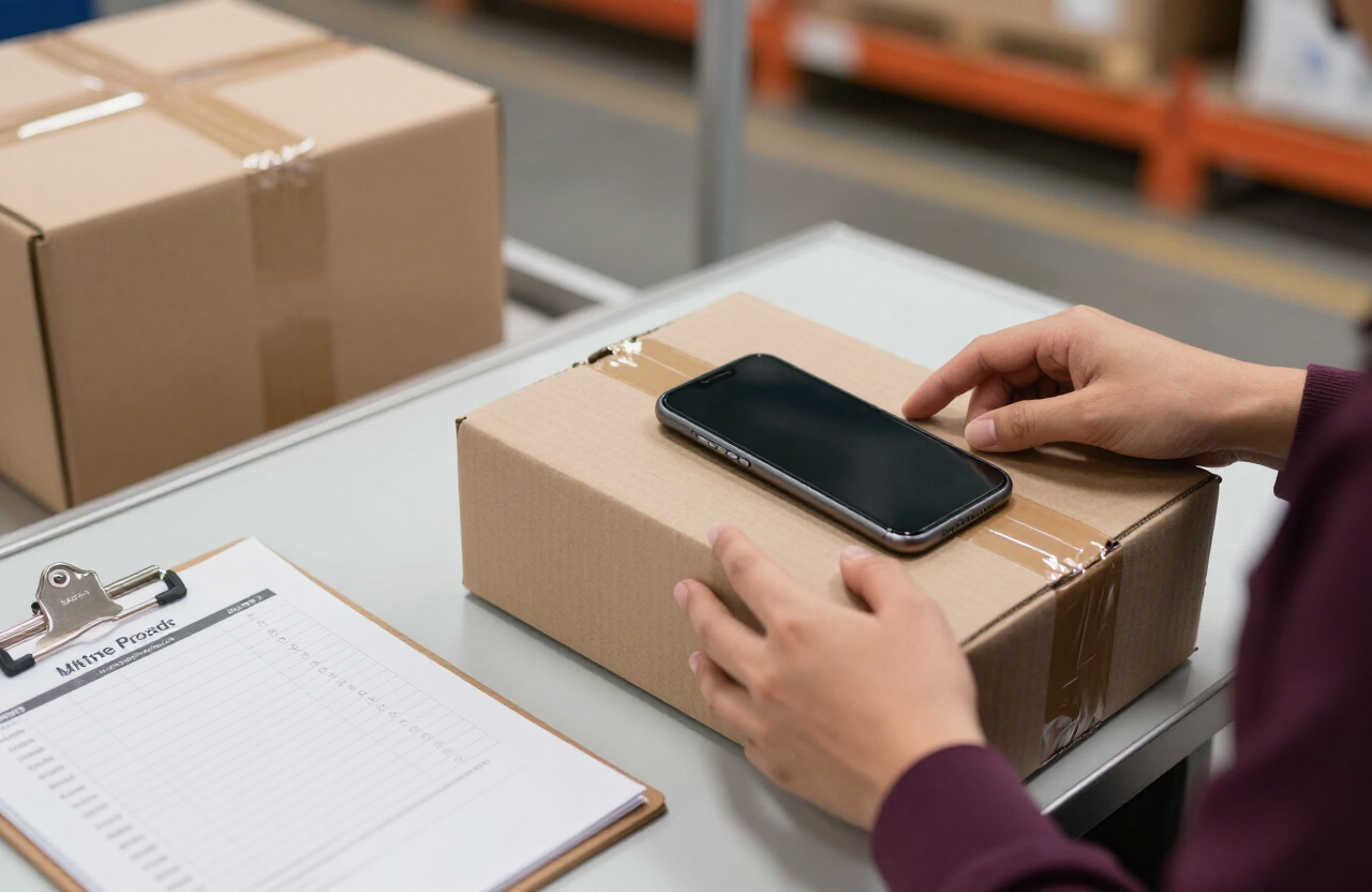 A returned ecommerce parcel being photographed and documented at an inspection station