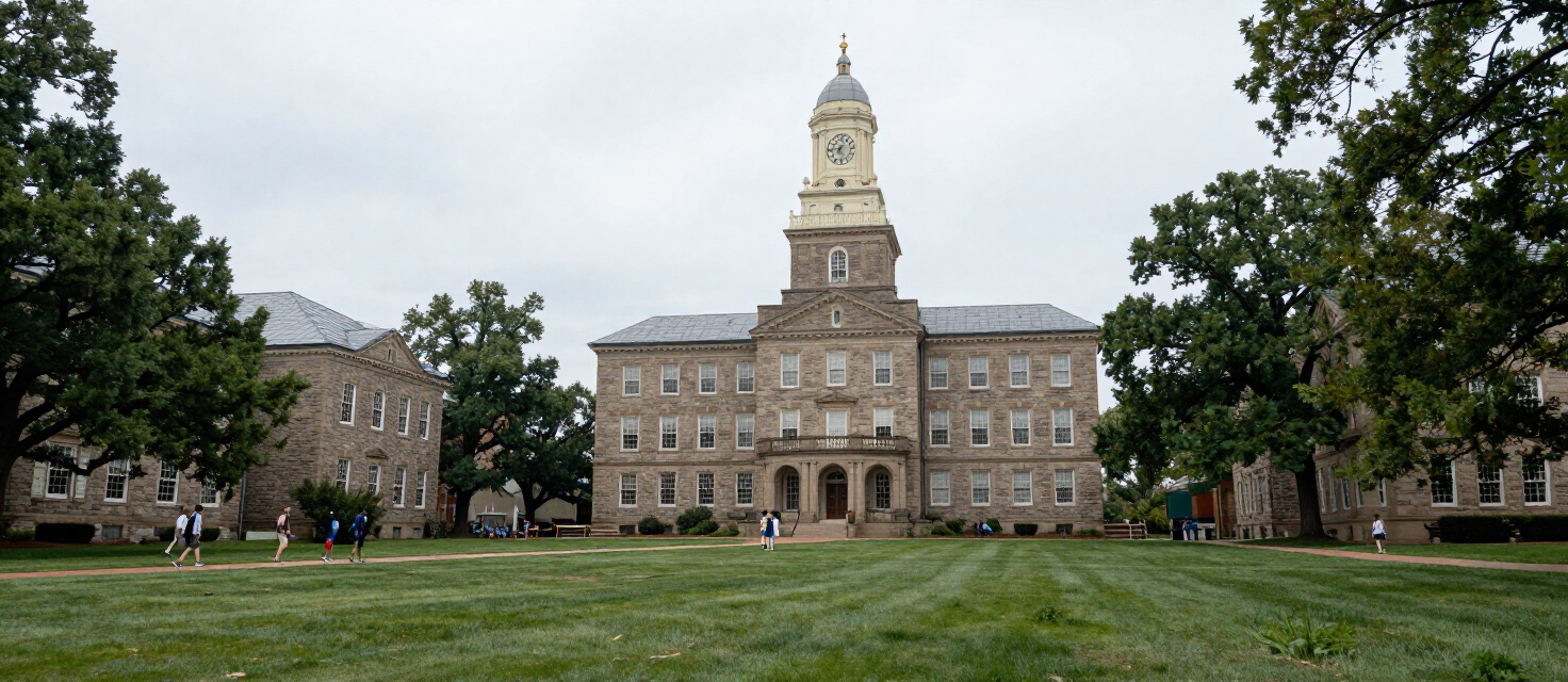 Historic stone building and green lawn on the Penn State campus