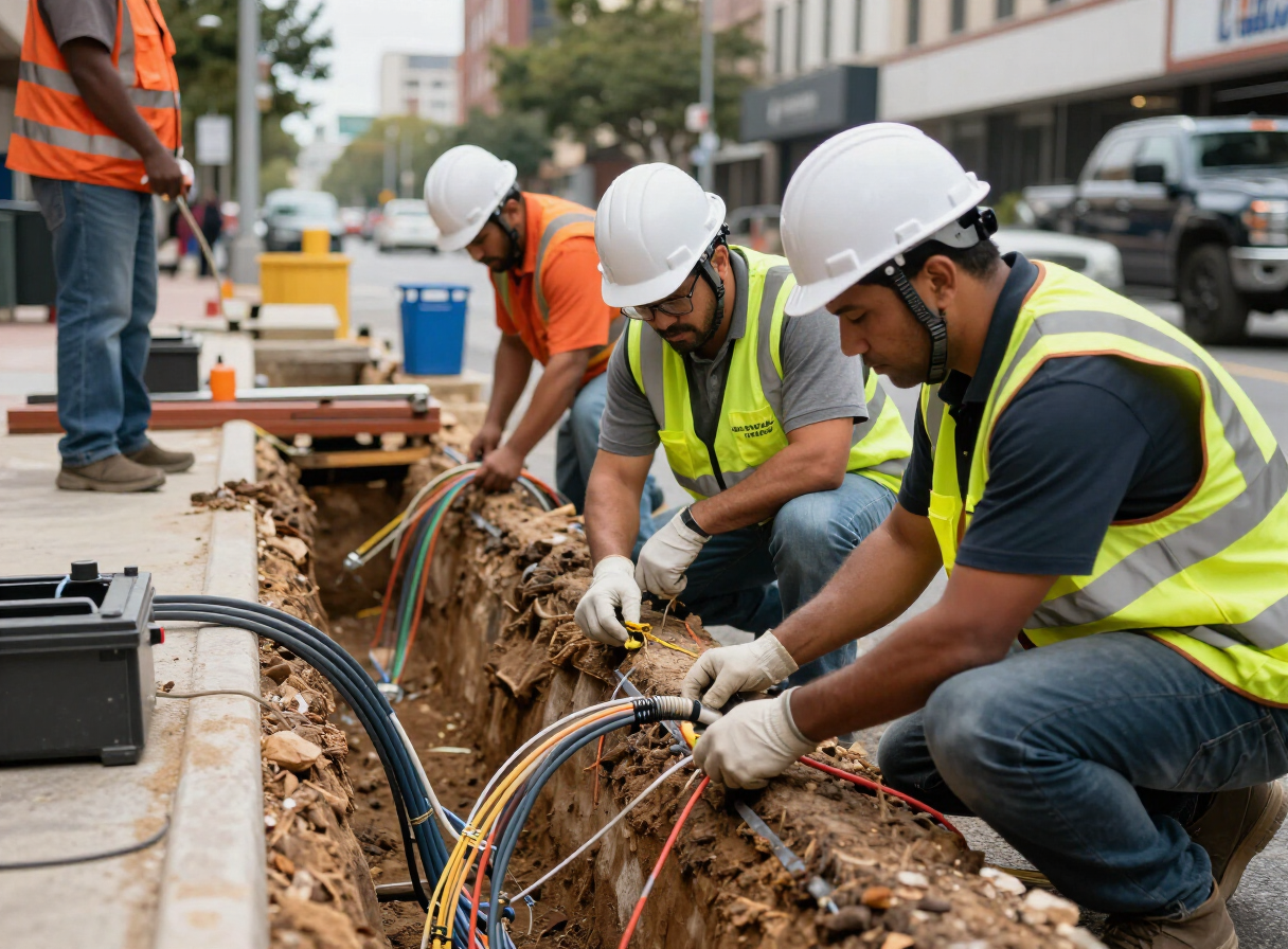 Utility crew installing fiber conduit along a city street