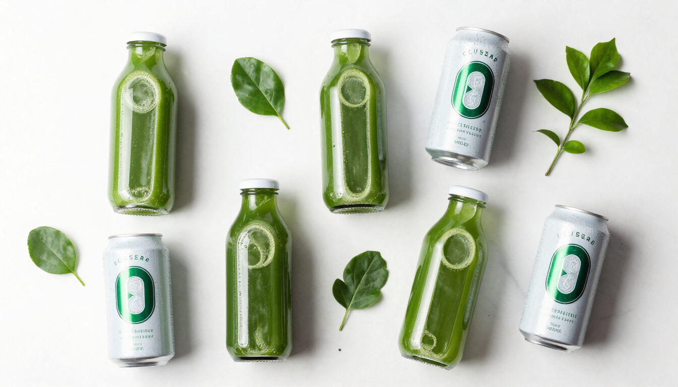 Organic zero-sugar beverages arranged on marble surface with green leaves