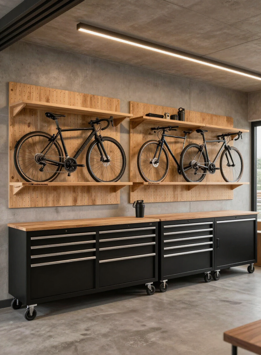 Organized garage workshop with pegboard storage, bicycles, shelves, and tool cabinets
