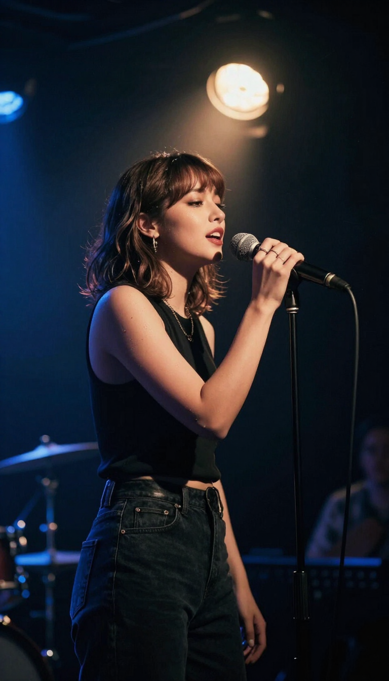Female vocalist under a spotlight in an intimate venue