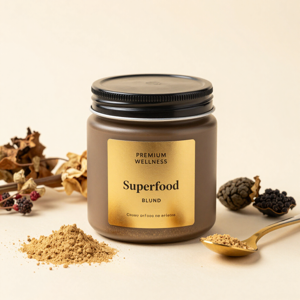 Minimalist wellness jar with gold label and dried botanicals