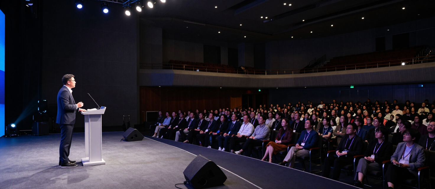 A keynote speaker addressing a large crowd from a modern stage