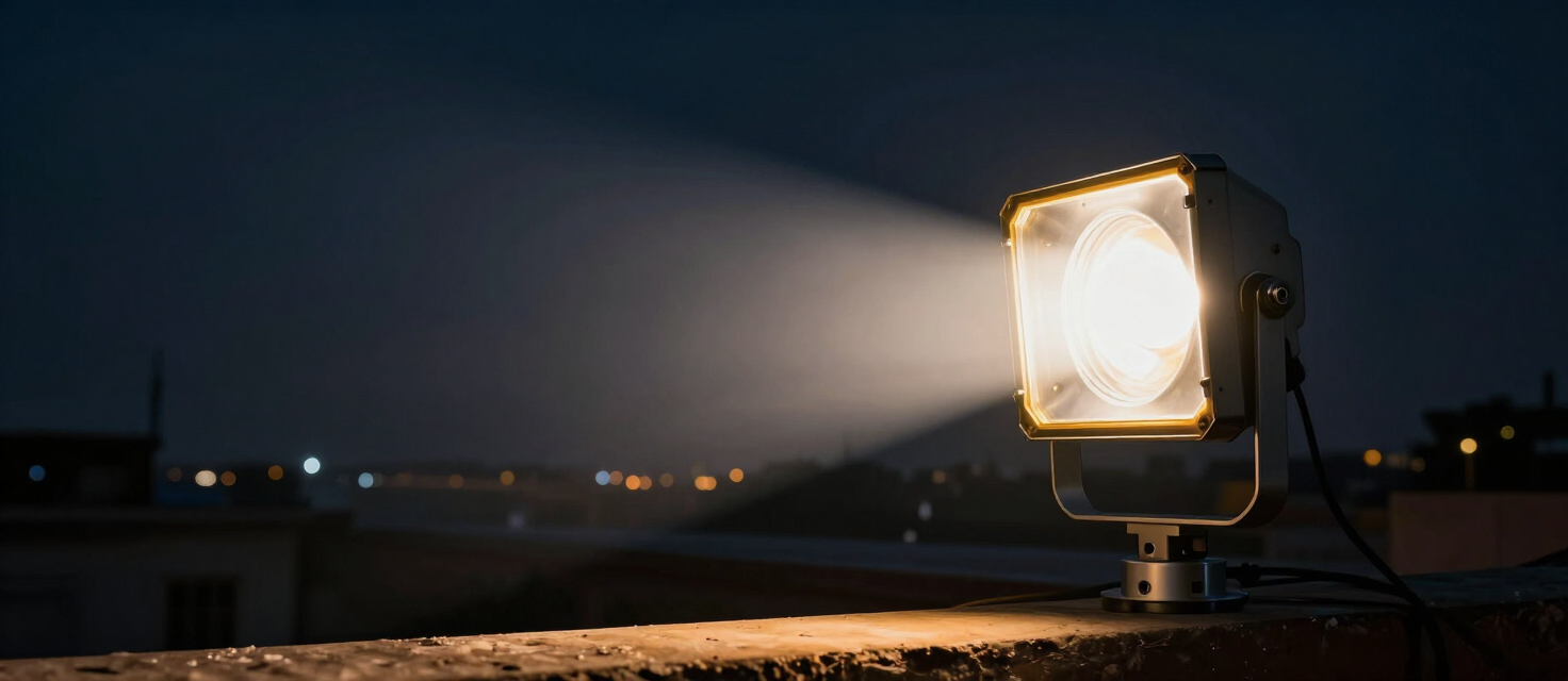 Flash LED flood light projecting a powerful beam at night in Varanasi
