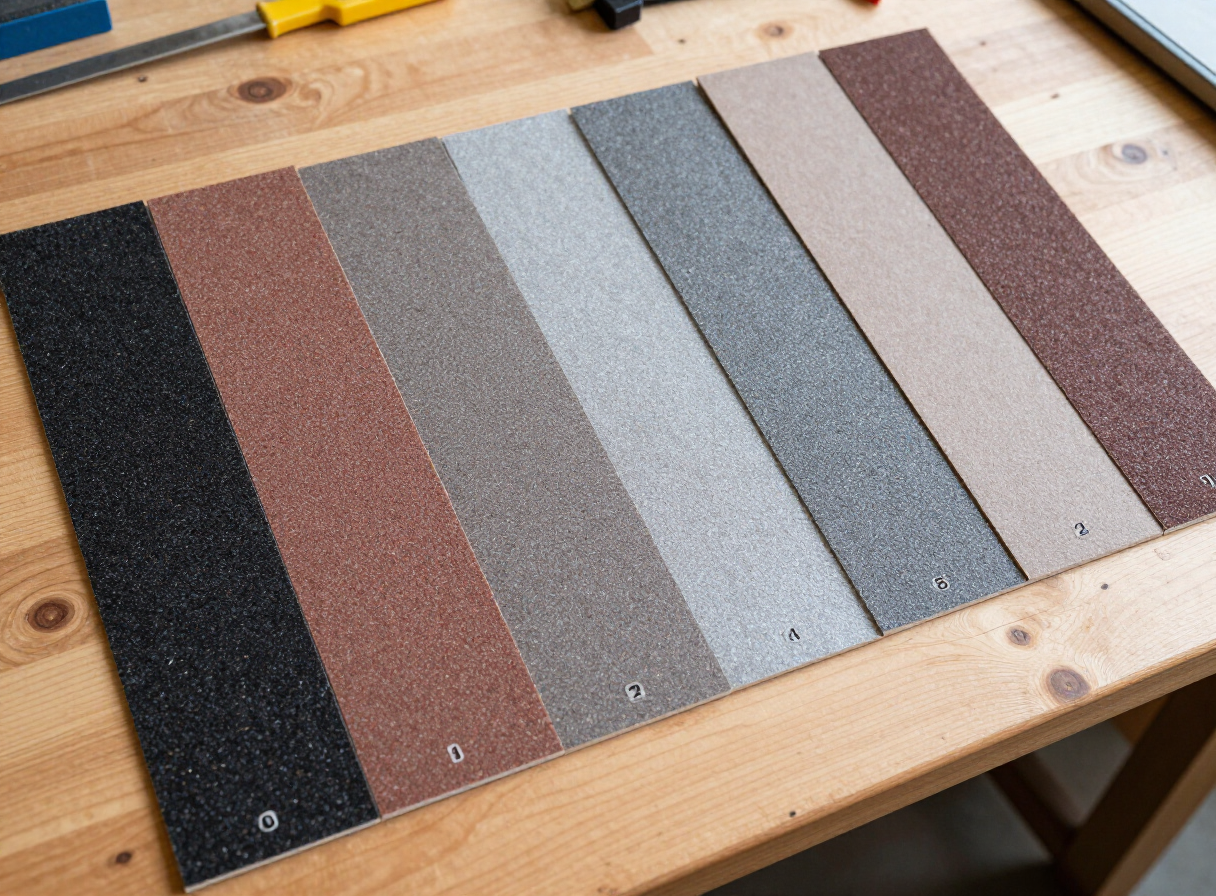 A neat row of sandpaper sheets in different grits from coarse to fine laid out on a wooden workbench, each labeled with grit numbers