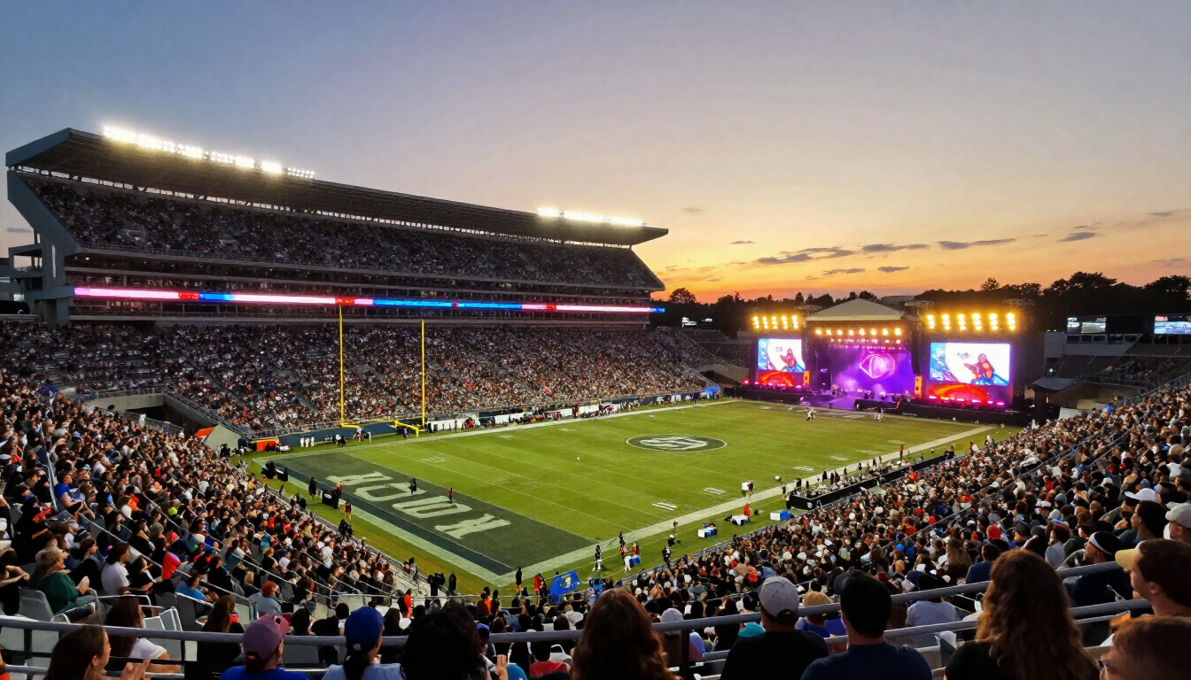 Packed outdoor stadium during a concert at sunset with colorful stage lights illuminating the crowd.