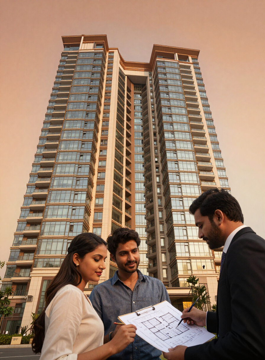 Modern residential towers in Gurugram with a couple reviewing floor plans