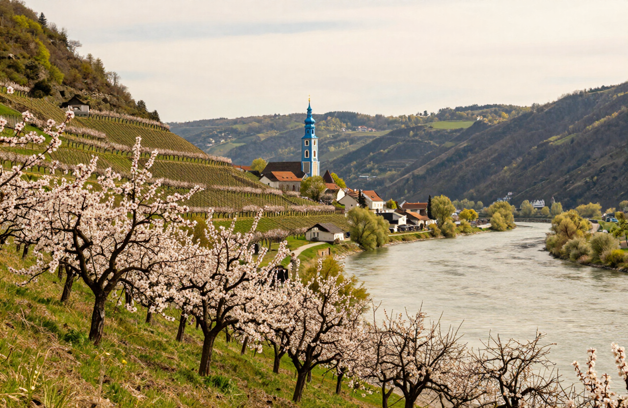 Blühende Marillenbäume und Weinterrassen über der Donau in der Wachau