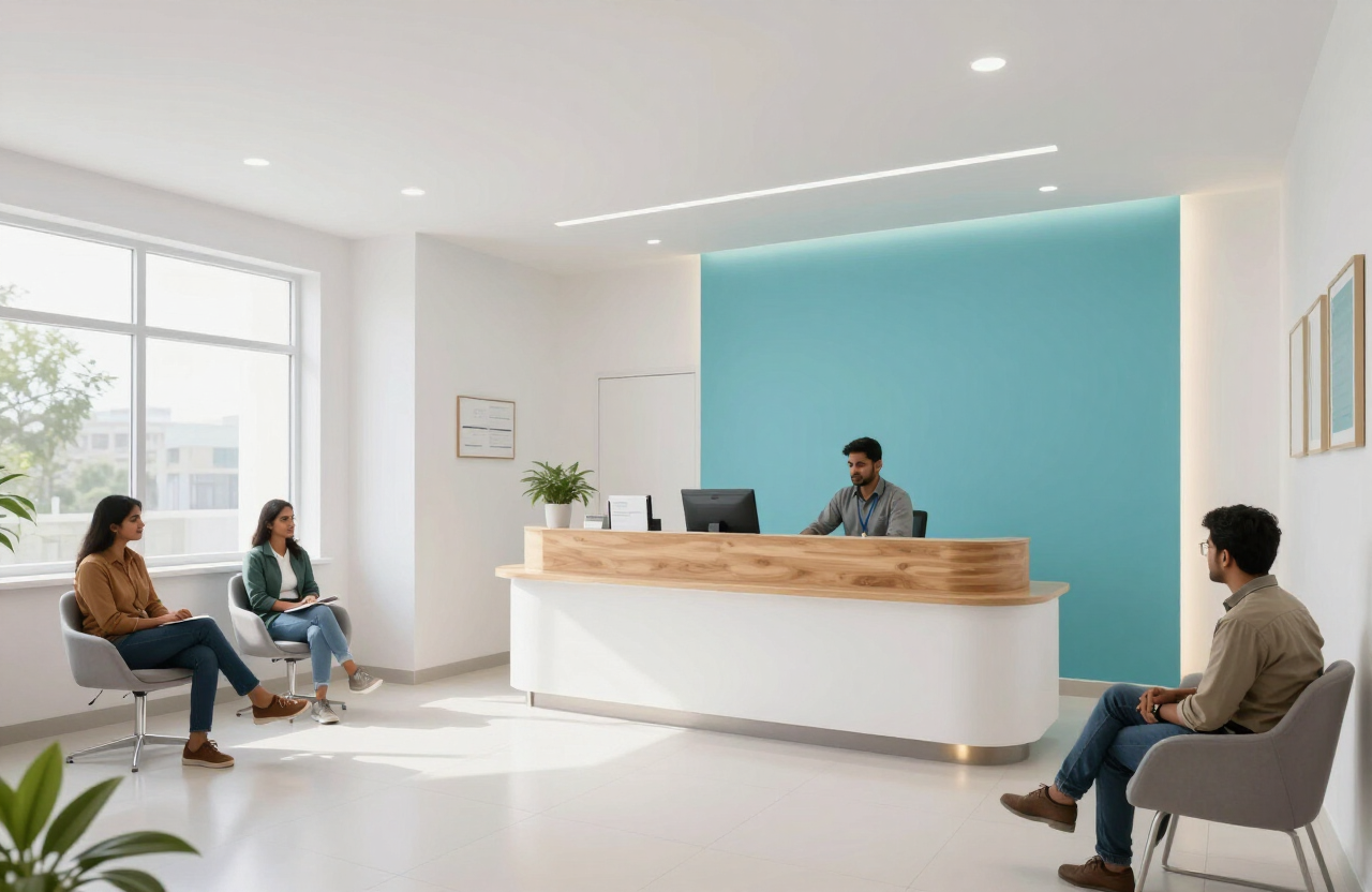 A modern clinic reception and waiting area with sky-blue accents