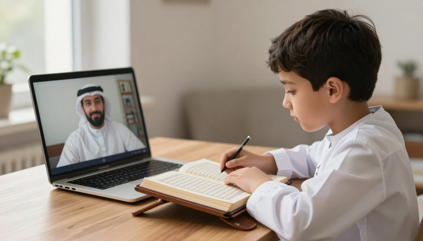 A young boy taking an online Quran lesson
