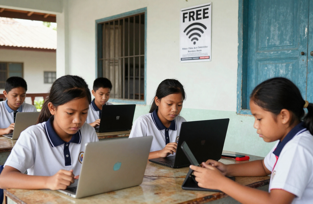 Students use tablets connected to a free public Wi-Fi site at a barangay community center.