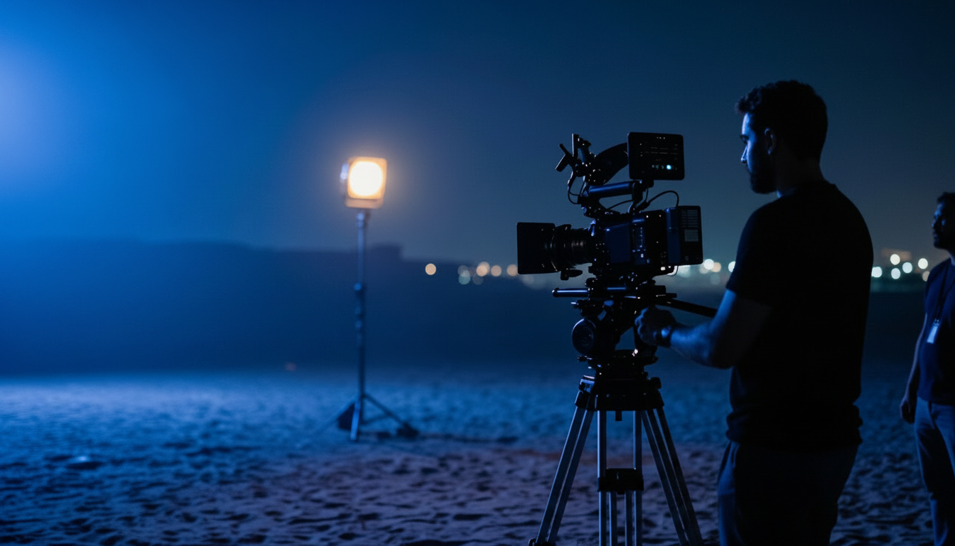 Zatka Media crew filming on a night set with cinema camera and blue lighting
