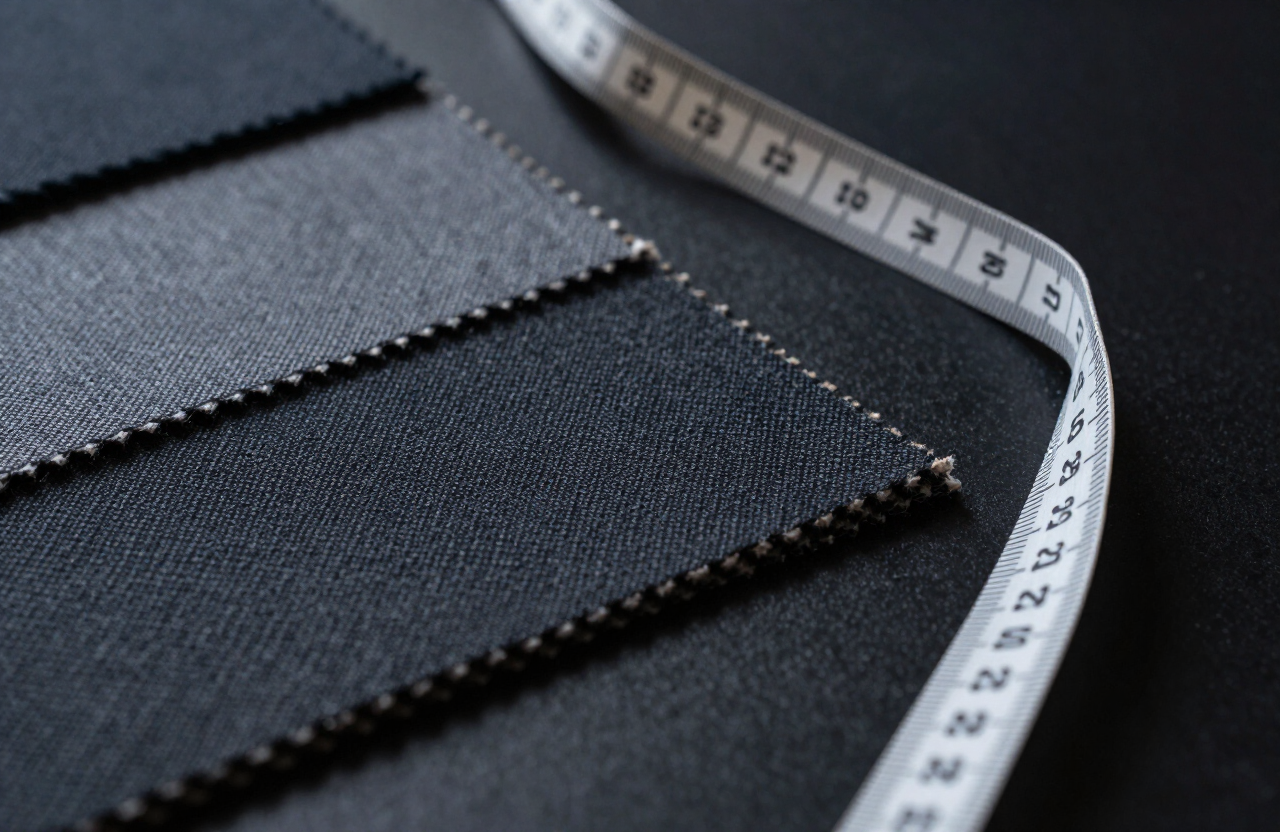 Muestras de tela técnica y cinta métrica sobre una mesa de estudio de diseño
