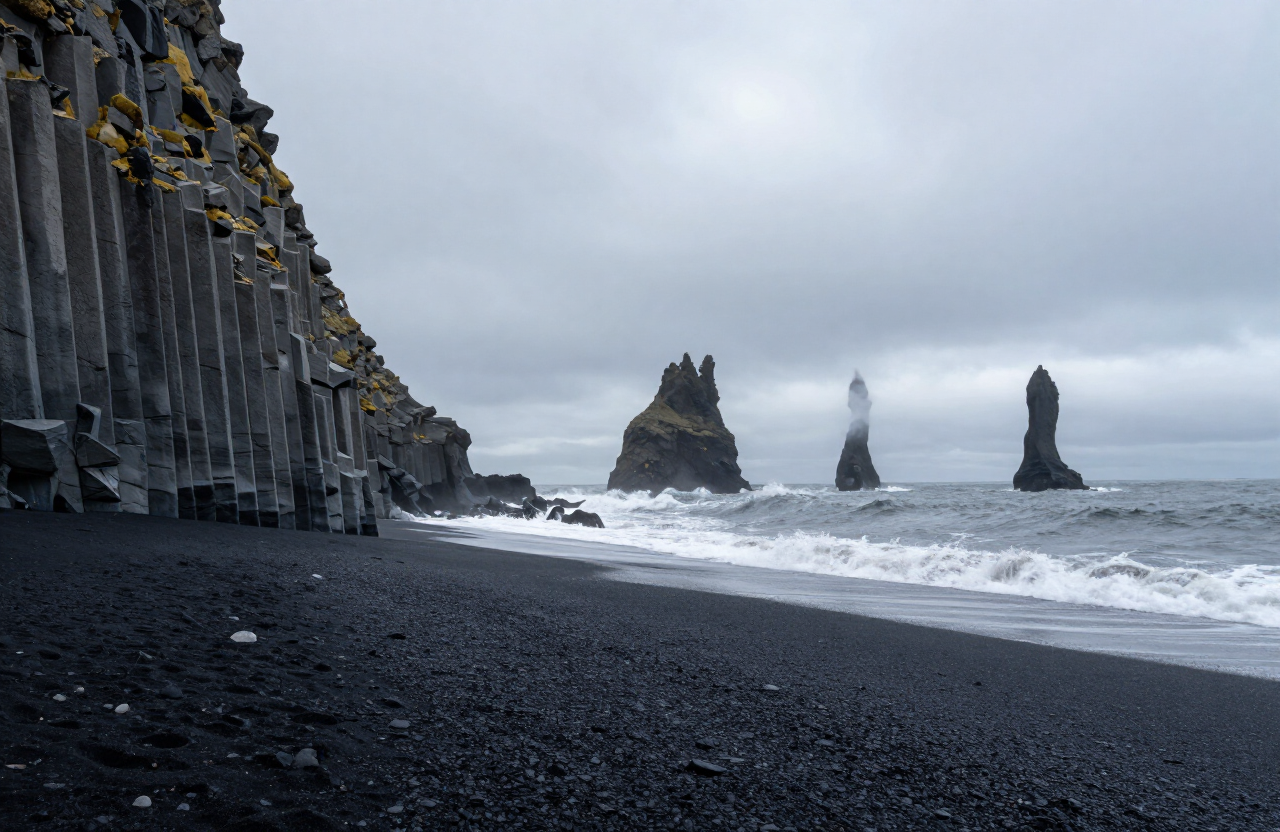 Black sand, basalt columns, and serious waves.
