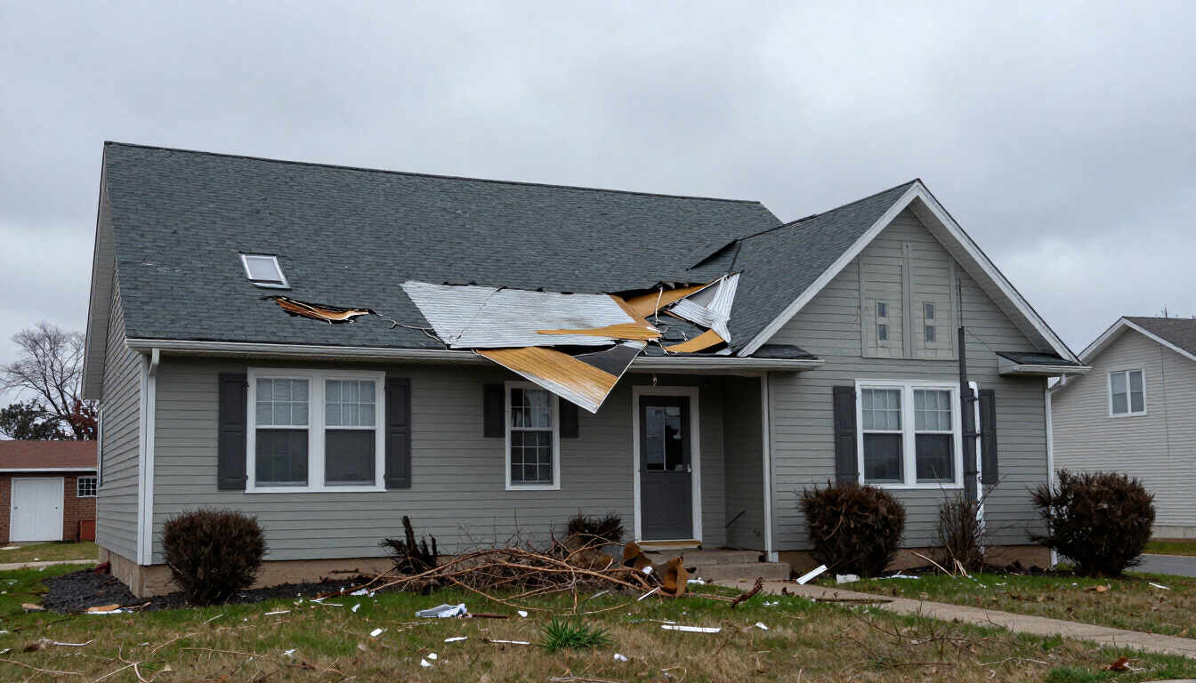 Storm-damaged Appleton home with missing roof shingles, torn siding, and storm debris on the lawn