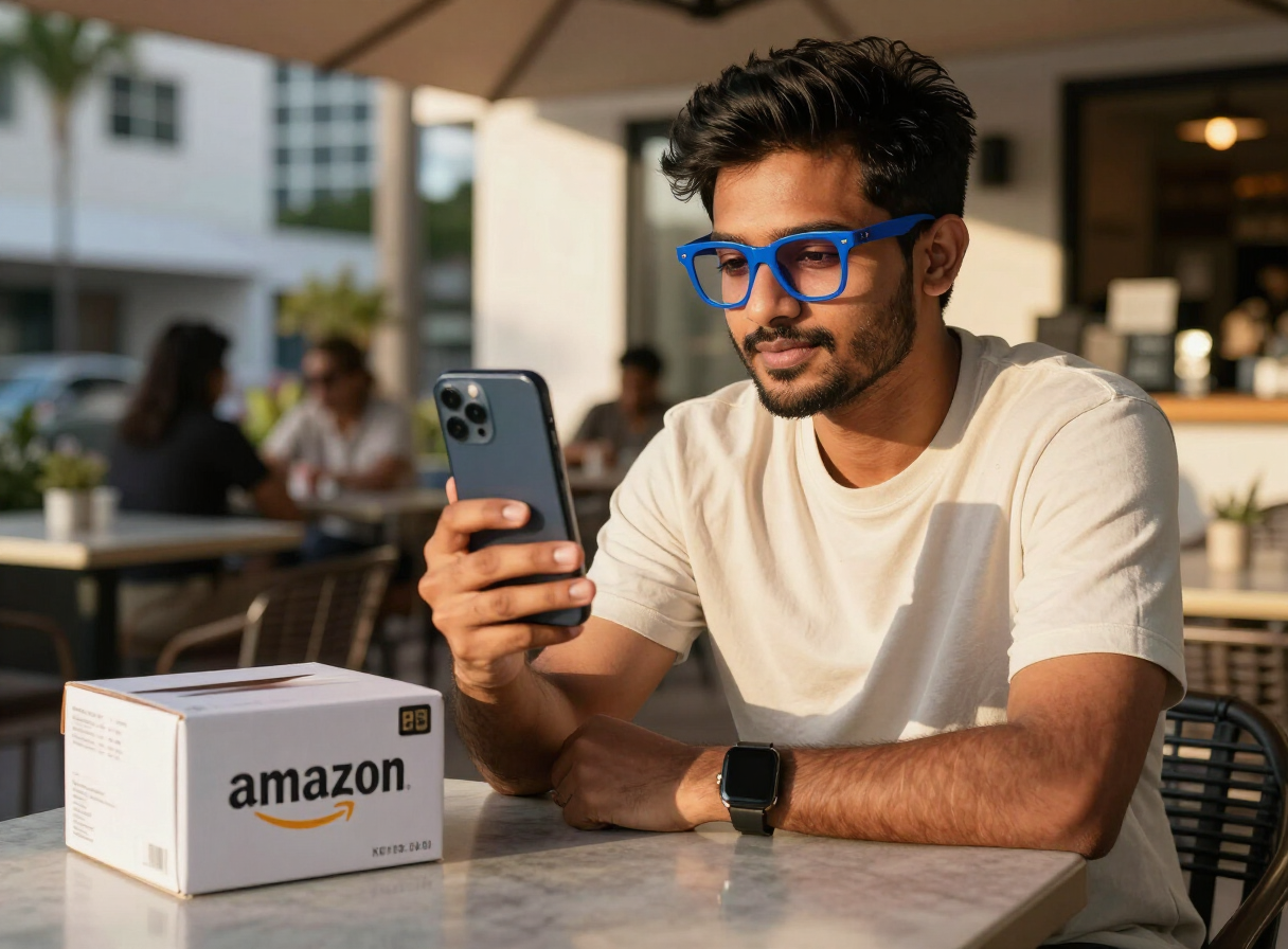 Fashion influencer posing with blue light glasses for a product shoot