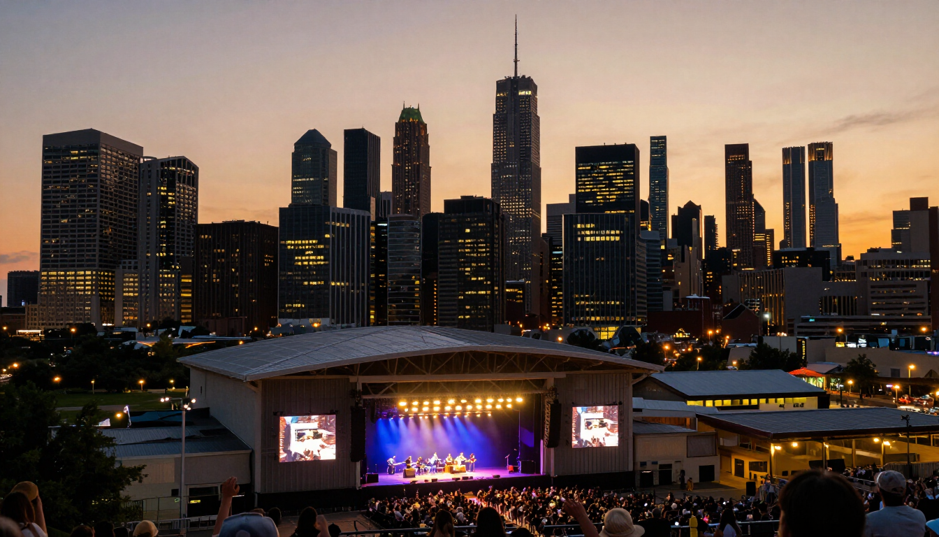 Wide-angle photo of a packed outdoor festival crowd waving glow sticks facing a brightly lit stage at sunset