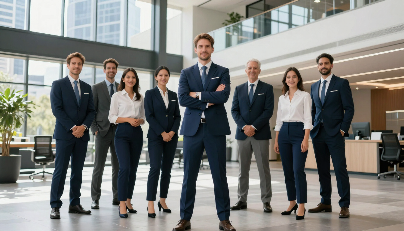 Australian business team wearing branded corporate uniforms in a modern Melbourne office