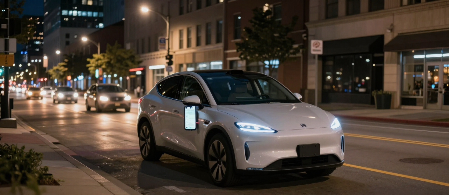 Rideshare vehicle on a downtown Kansas City street at night with city lights and a smartphone navigation glow