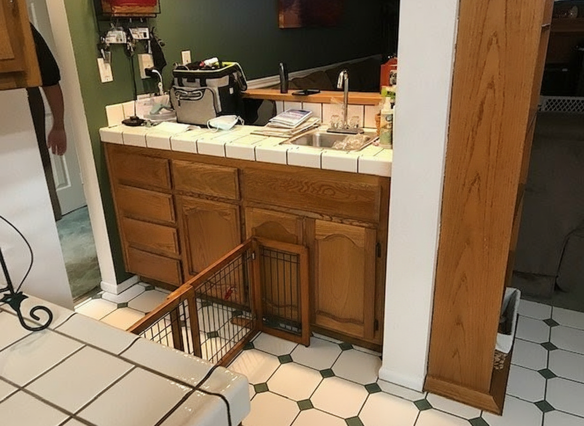 Before: oak wet-bar cabinets with tile countertop