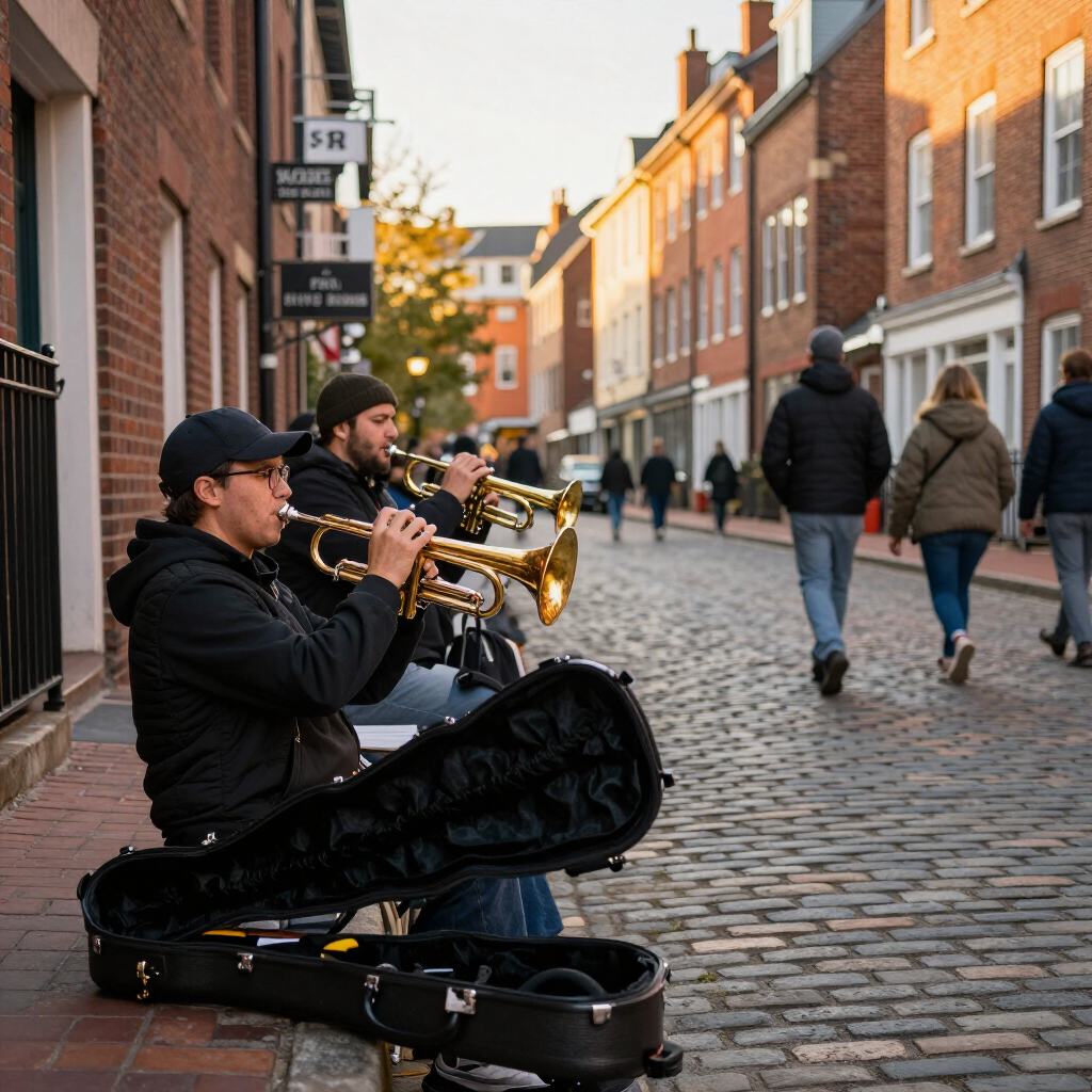 Street musicians playing brass instruments on a historic city street at golden hour