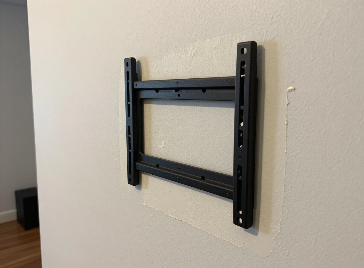 Repaired TV-mount hole in a Weehawken NJ apartment wall after patching and priming