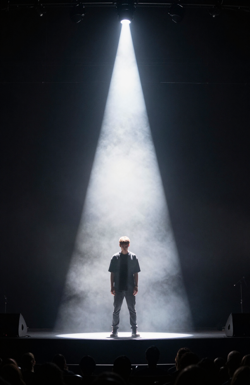 Band member standing alone in a cone of white light on a black stage