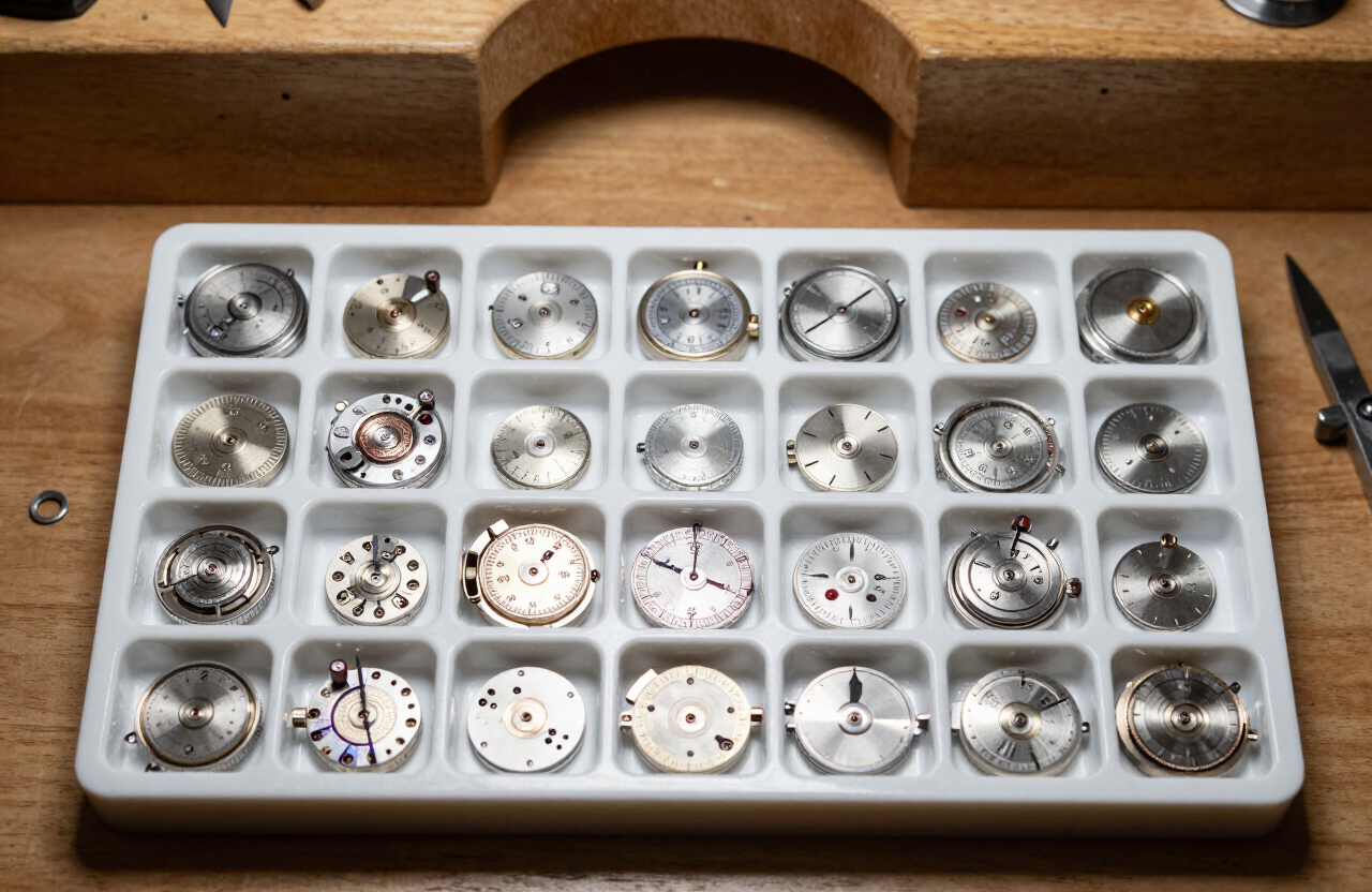Composants d’un mouvement chronographe organisés dans un plateau de révision