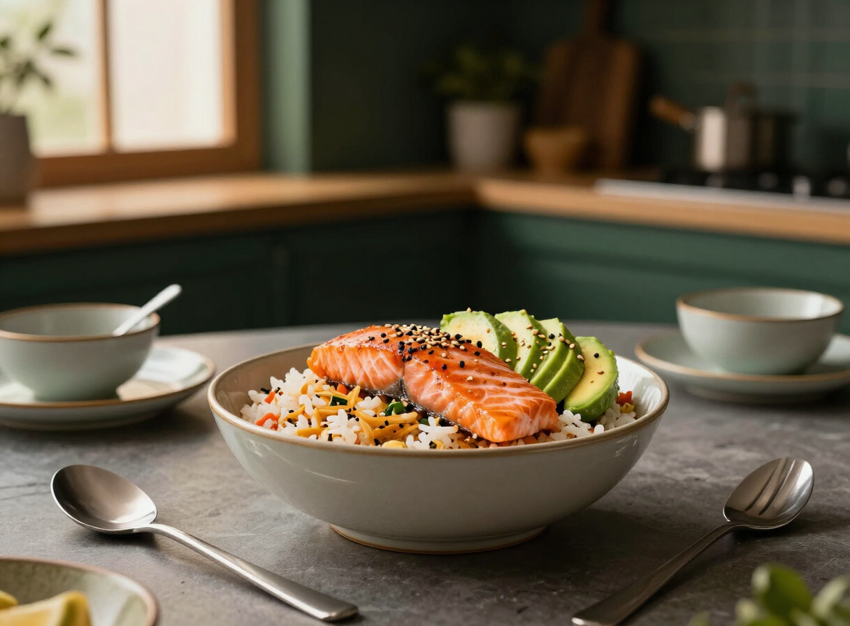 Spicy salmon rice bowls