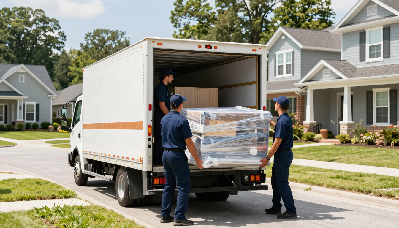 Professional movers in Raleigh, NC Fast Raleigh Moving crew loading a moving truck on a Raleigh street