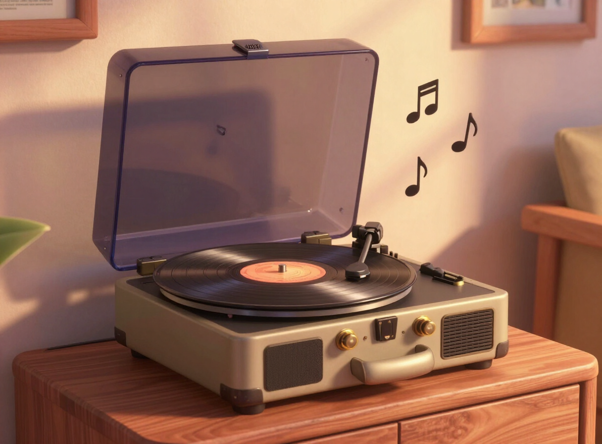 Cartoon record player spinning a vinyl with musical notes in the air