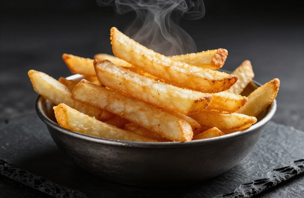 Papas a la francesa doradas en un tazón metálico oscuro