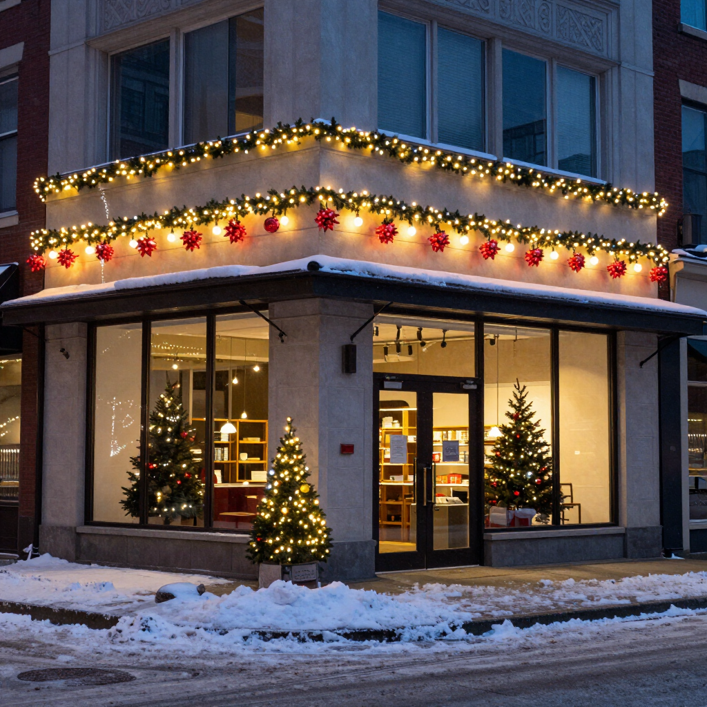 Corporate property Christmas lights configuration in Vancouver with commissioned festive light presentation and seasonal outfitting.