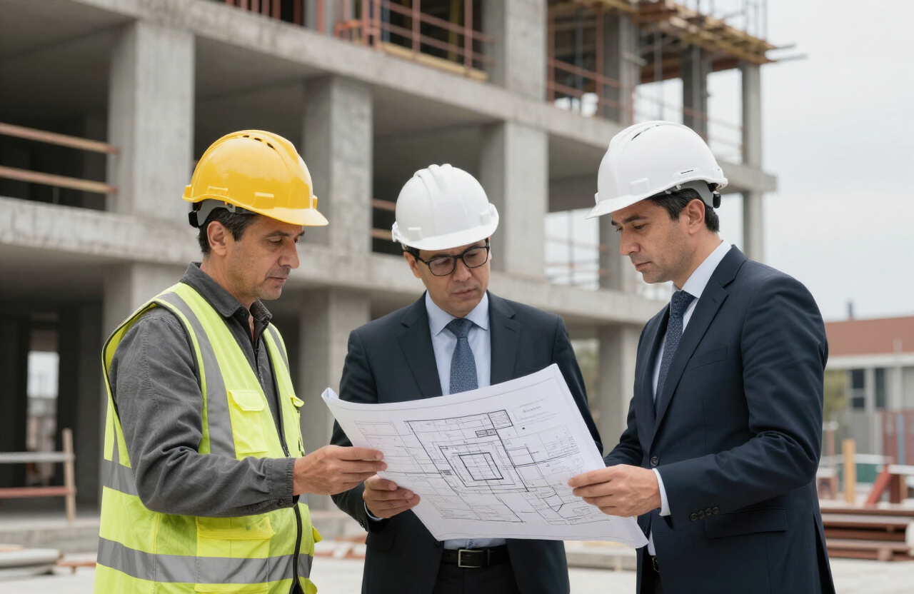 Ingegneri e architetto IMPROGEST esaminano gli elaborati tecnici in cantiere a Milano