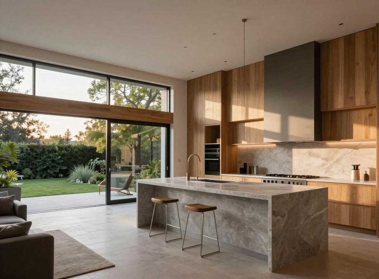 Bright contemporary home interior with natural materials and garden views