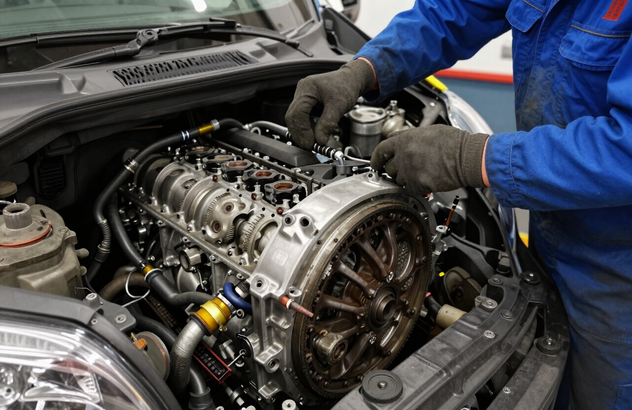 Mechanic diagnosing a failed Ford Transit diesel engine