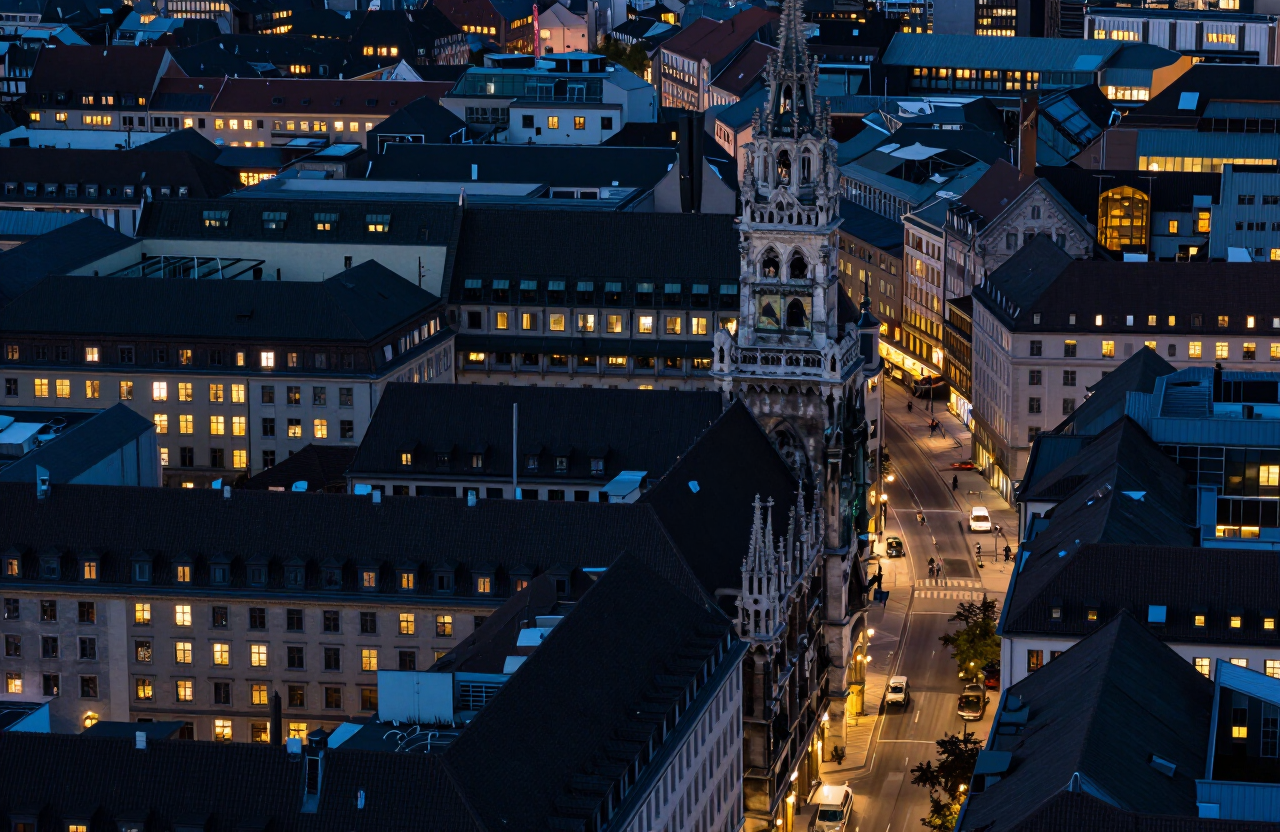 Luftaufnahme europäischer Stadtdächer in der Abenddämmerung