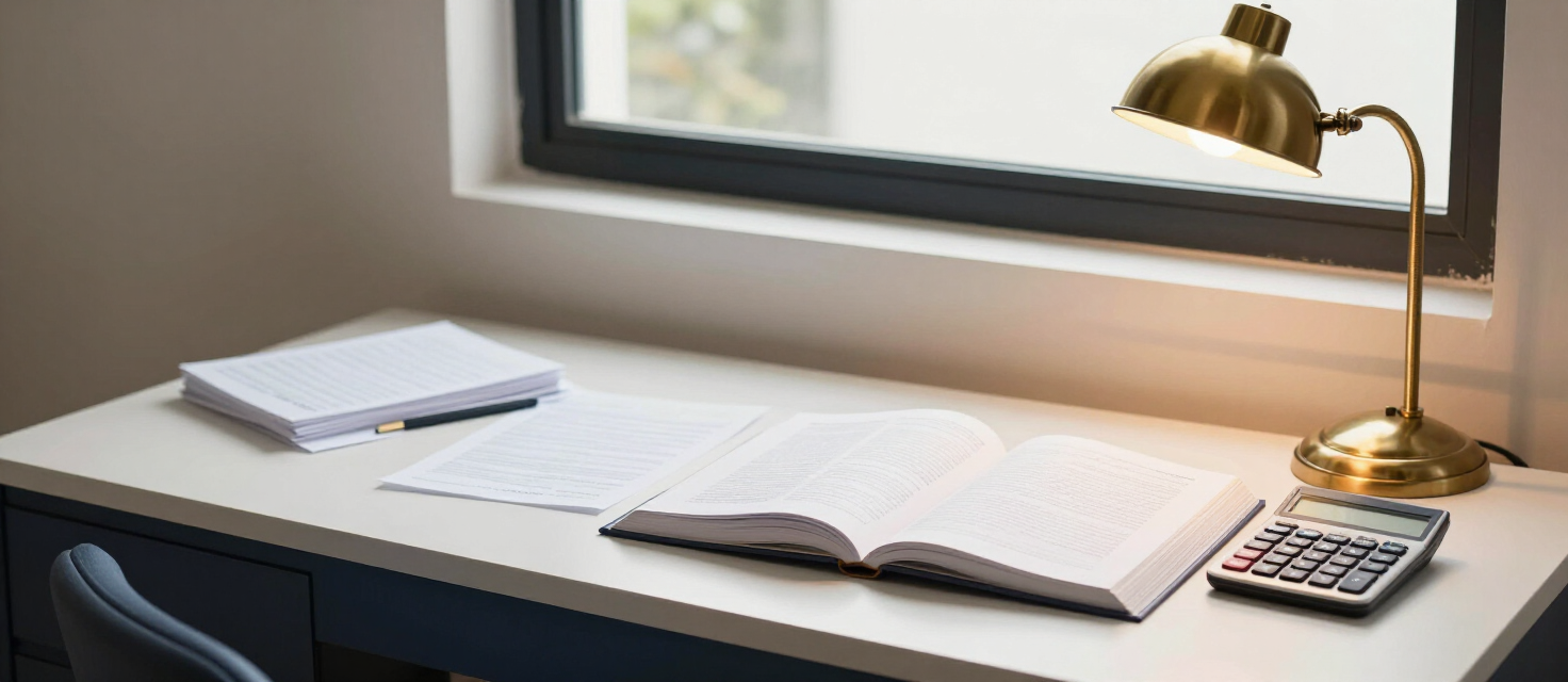 Buku, kalkulator, dan lampu pada meja belajar