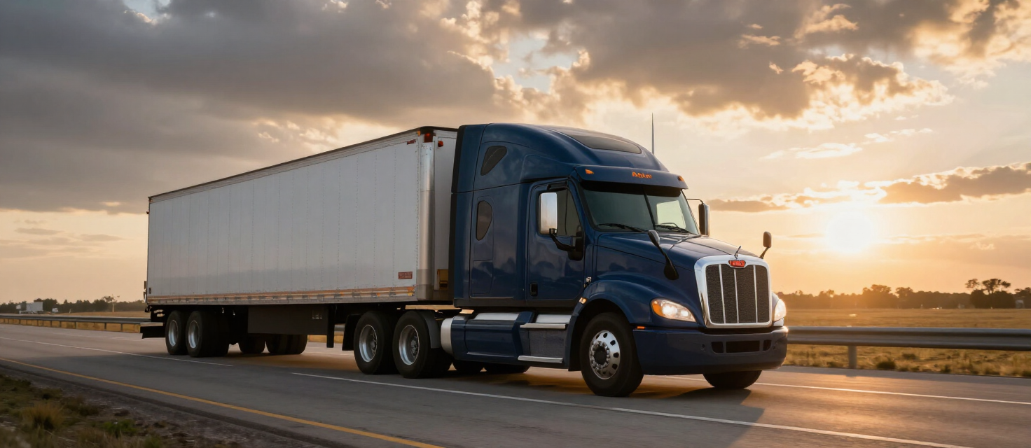 Semi-truck hauling freight on an American interstate highway at dusk
