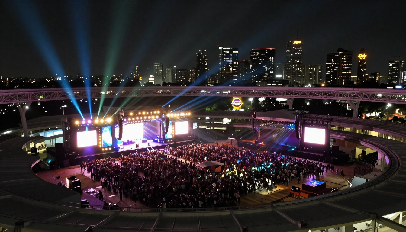 Aerial view of Hard Rock Stadium at night with colorful concert stage lighting