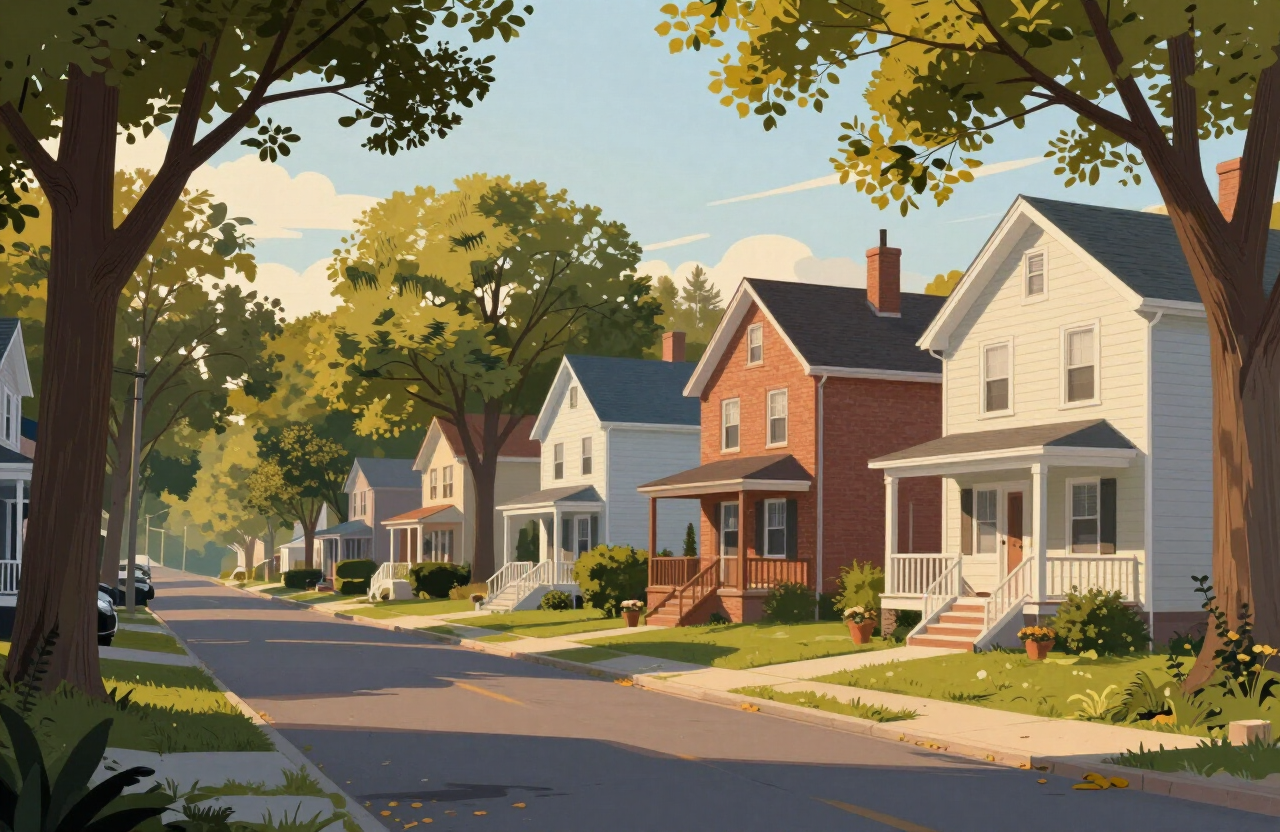 Illustrative image of a quiet established Northern New Jersey residential street with mature trees and older single-family homes — not a specific Tenafly project
